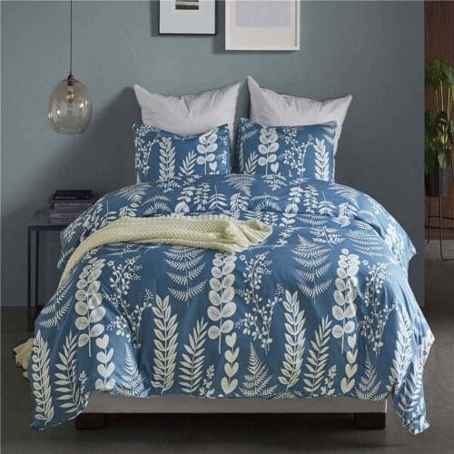 Leaves Print Pillowcase Duvet Cover Sets Blue Bedlinen Polyester Twin Queen King Size Bedding Set Cute Plants Child Bedclothes