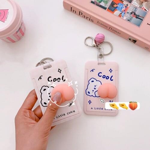 CARTOON Pinch Soft Peach ID Credit Bank Card Holder Students Bus Card Case Hand Rope Visit Door Cards Cover Women Men Pendants