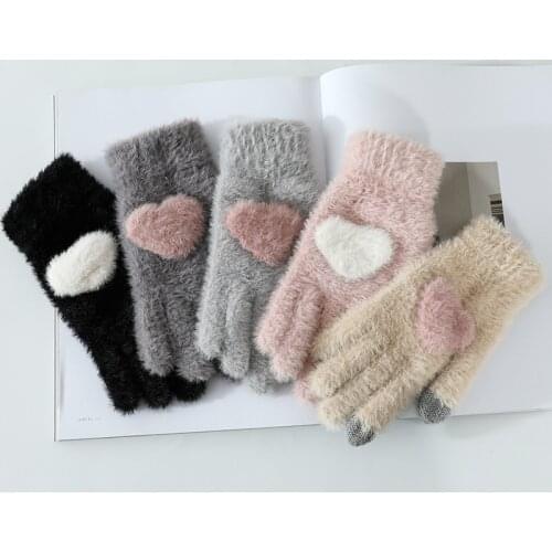 1Pair Women Girls Lovely Fluffy plush Gloves Full Finger Winter Gloves Mittens Cute Love Heart Thick Warm Female Gloves Guantes