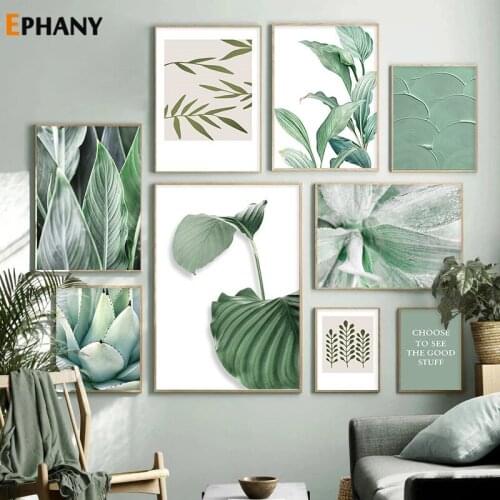 Green Plant Leaf Poster Wall Art Scandinavian Succulent Canvas Painting Picture Positive Quote Prints and Poster for Living Room