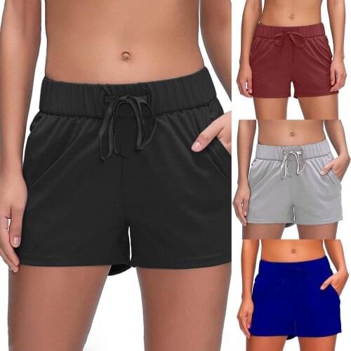 High Waist Running Shorts with Pockets Athletic Shorts Women Solid Color Elastic Waist Drawstring Soft Shorts for Yoga Sports