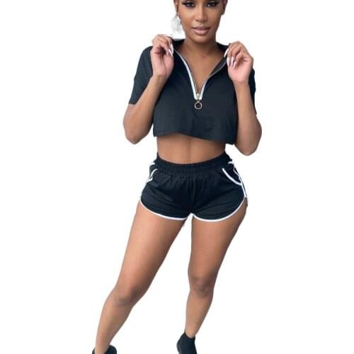 Sport Casual Two Piece Set Women Summer Zipper V-Neck Crop Top + Biker Shorts Tracksuit Matching Set Vacation Outfits 2021