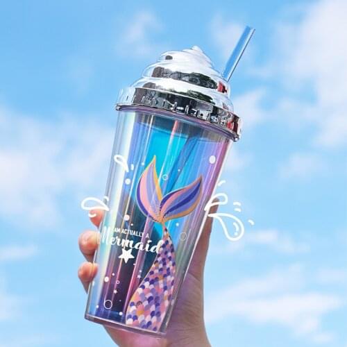 420ml Cup Straw Plastic Shining Straw Cup INS Styl with Sealing Cover Double-Layer Reusable Cup Mermaid