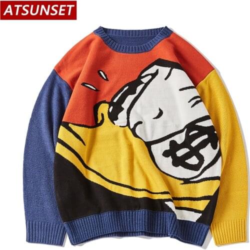 ATSUNSET Multi Color Stitching Embroidery Sweater Harajuku Retro Style Knitted Sweater Autumn And Winter Cotton Pullover Tops