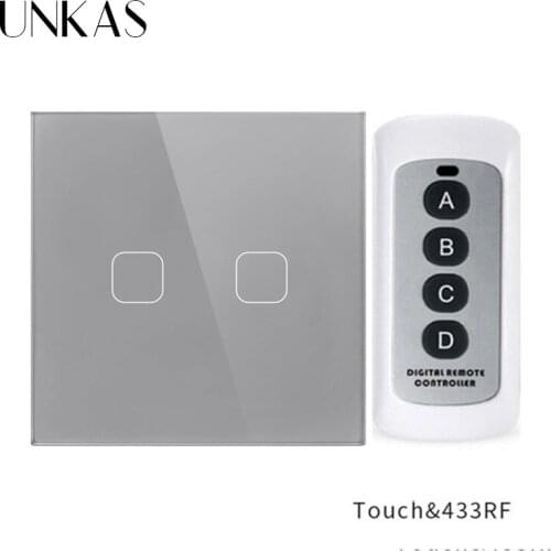 UNKAS EU Standard 2 Gang 1 Way Wireless Remote Control Touch Switch Remote Wall Light Switch With Crystal Glass Panel
