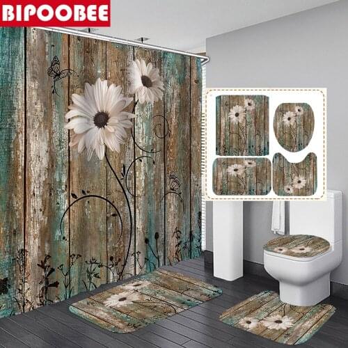 Rustic Flower Shower Curtain Set for Bathroom Decor Waterproof Fabric Bath Curtains Floral Barn Wood Non-Slip Rugs Toilet Cover