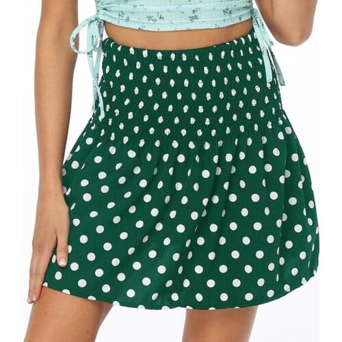 Womens Basic Elastic Flared Casual Mini Skirt High Waist Polka Dot Printed Mini Skirt