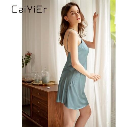 CAIYIER Women Silk Satin Nightdress Deep V-Neck Sleeveless Cross Backless Night Dress Female Lingerie Nightwear Summer Homewear