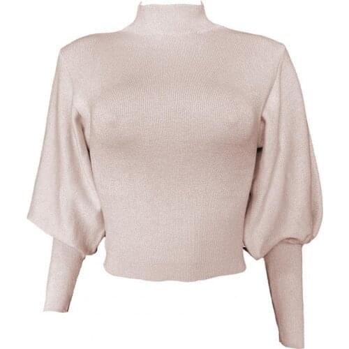 Sweaters Women Autumn Women Solid Color Sweater Turtle Neck Long Puff Sleeve Knitted Pullover
