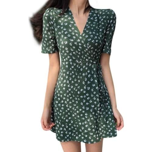Women Short Sleeve Sexy V-Neck Cross Wrap Flared A-Line Dress with Belt Floral Printed Loose Beach Green Sundress