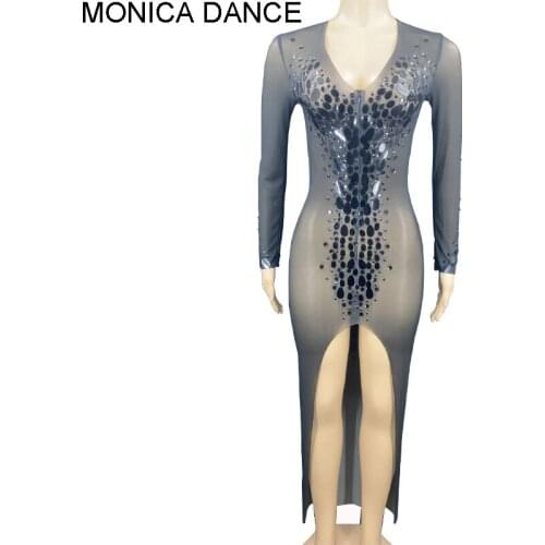 Women Sexy Black Mesh See Through Sequins Dress Club Birthday Celebrate Perspective Stretch Dress Stage Costume Dance Outfit