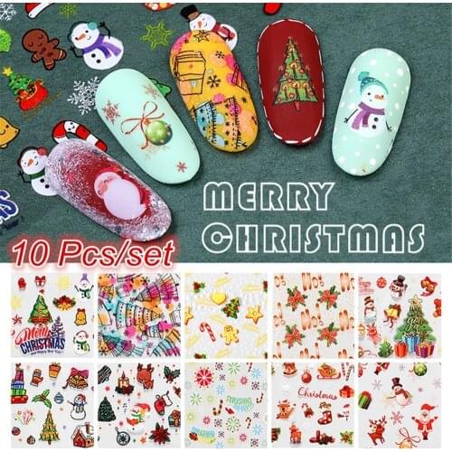 10Pcs/Set NEW Winter Christmas Slider Nail Decals Nail Art Sticker DIY Manicure Water Accessory Transfer Foil Xmas Gift