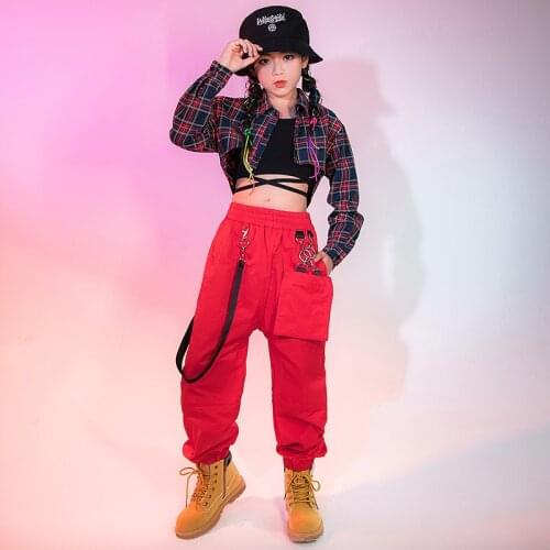 2021 Girls Hip Hop Clothing Plaid Shirt Crop Vest Red Loose Casual Pants Street Dance Costumes Jazz Performance Clothes Outfits