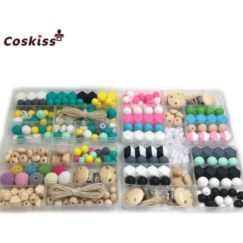 4pc DIY Baby Teether Accessories Geometry Hexagonal Round Silicone Bead Wooden Bead And Crochet Bead Pacifier Clips For Bracelet