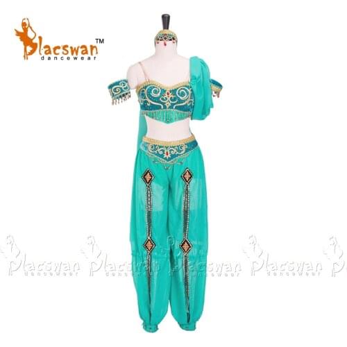 Velvet Bra Top Chiffon Pants Green Oriental ballet dress two pieces Professional Performance Costume BT716 head piece included