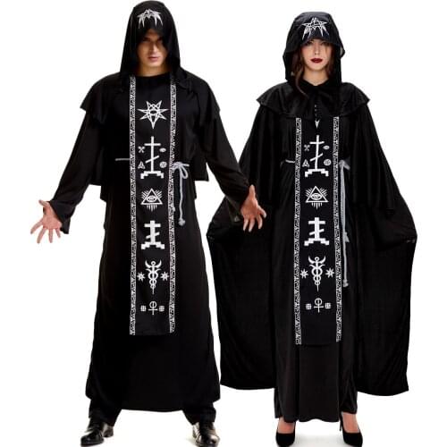 Adult Medieval Magician Robe Cosplay Costume for Men Women Black Hooded Scary Witch Devil Role Play Costume For Halloween Party