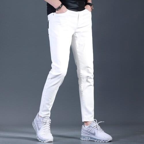 Summer Mens Stretch White Jeans Casual Letter Embroidery Ankle-Length Pants Streetwear Denim Trousers