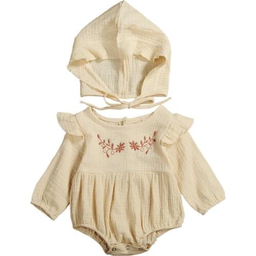 2Pcs Baby Newborn Girls Line Cotton Romper Print Ruffle O Neck Long Sleeve Solid Hat Infant Toddler Rompers Clothing 0-24M