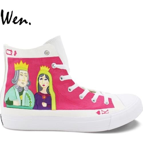 Wen Design Poker King Queen White Hand Painted Sneakers Canvas High Top Shoes Men Skateboarding Women Sport Shoes Rubber Soled