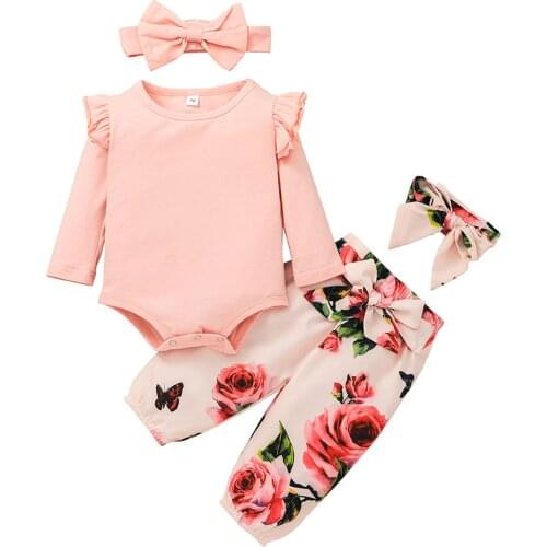 4pcs Newborn Baby Girl Clothes Set Solid Color Long Sleeve Romper Top Floral Pants Bow Headband Autumn Spring Baby Outfit
