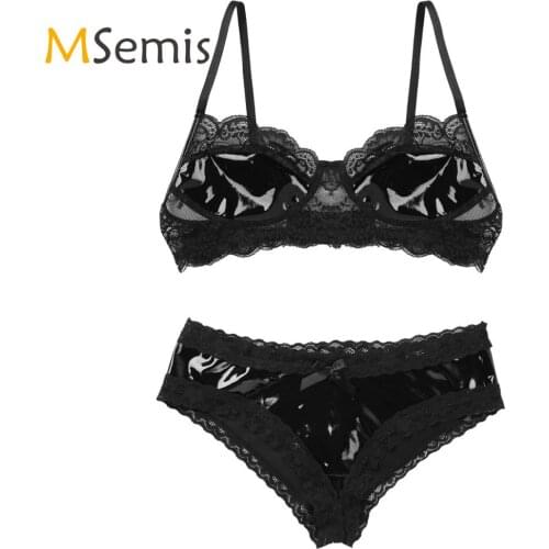 Womens Bikini Lace Lingerie Set Soft Patent Leather Wire-free Unlined Bra with Open Crotch V-Back Mini Briefs Underwear Set