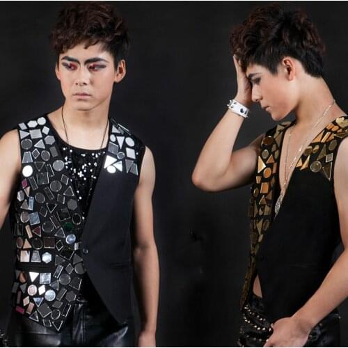 Mens Nightclub DJ Costumes Personality Stage Trendy Bars Male DS Dance Singer Vest Jacket Costumes Mens Sleeveless Suit Vest