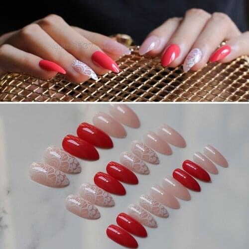 Fake Nails natural pink Openwork pattern DIY Red Stiletto false nails Beige 24PCS Full cover full sets point almond design