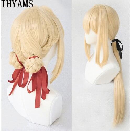 Violet Evergarden Cosplay Wig Heat Resistant Synthetic Light Blonde Hair Cosplay Wigs With Ribbon + Wig Cap