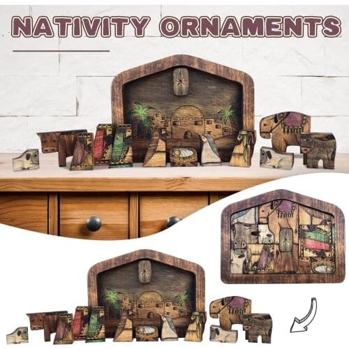 Nativity Puzzle with Wood Burned Design Jigsaw Puzzle Game for Adults and Kids Wooden Jesus Puzzles Nativity Set Desk Figurines