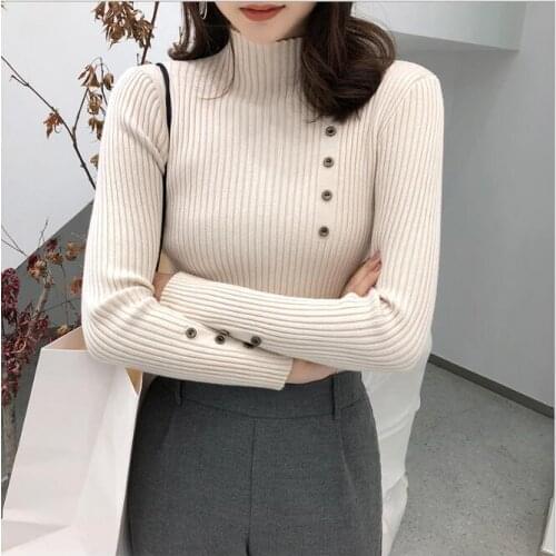 Casual Women Sweaters 2019 Autumn Winter Fashion Long Sleeve Buttons Solid Turtleneck Stretch Sweater Pullovers Tops CL104