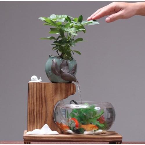 Transparent Glass Fish Tank Lucky Feng Shui Ceramic Water Fountain Humidifier Indoor Desktop Fountains Ornaments Home Decor Gift