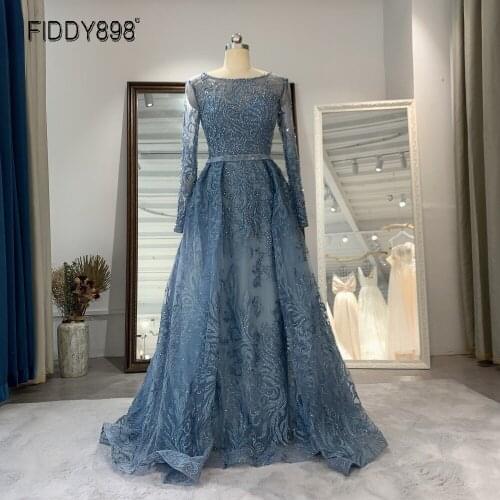Dubai Luxury Evening Dresses Long Sleeves Scoop Neck Evening Gown New Arrival 2020 Beaded Prom Dresses Vestido De Fiesta