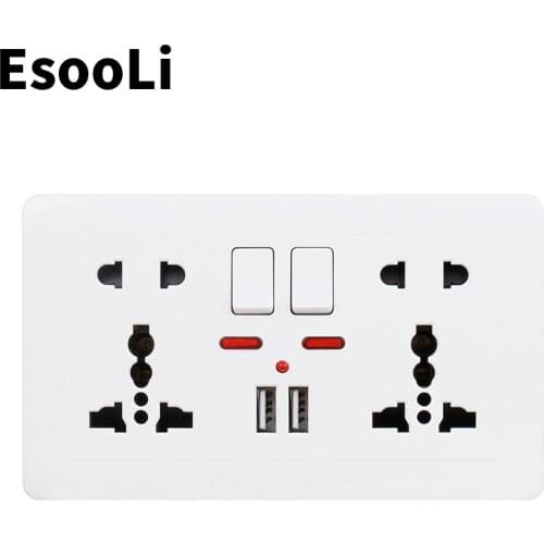 EsooLi Push button 2.1A Dual USB Charger Port LED indicator Wall Power Socket Double Universal 5 Hole Switched Outlet 146mm*86mm