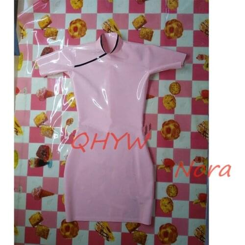 Handmade Sexy Women Short Sleeve Pink Latex Dress Fetish Rubber Cheongsam with Back Zipper