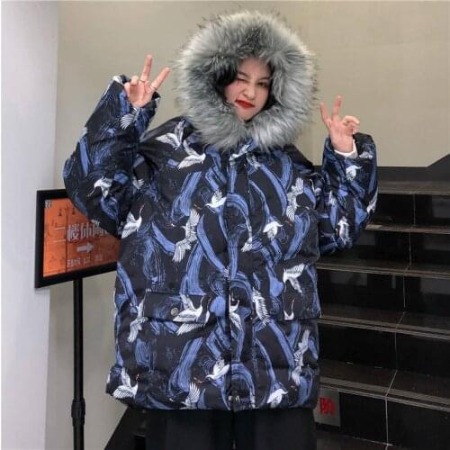 Warm Harajuku Jackets Winter Womens Wadded Parkas Vintage Crane Print Loose Japanese Hooded Parkas Coat Femme Chaqueta Mujer