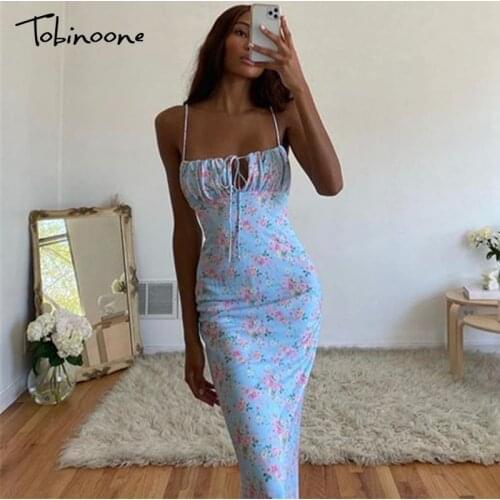 Tobinoone Floral Printing Elegant Bodycon 2021 Summer Dress Woman Lace Up Dress Sexy Party Spaghetti Strap Holiday Beach Dress