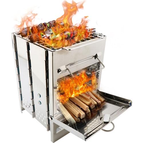 Outdoor Foldable Barbecue Grill Stove Stainless Steel Camping Wood Burning BBQ Bonfire Stove For Camp Cooking Supplies Accessory