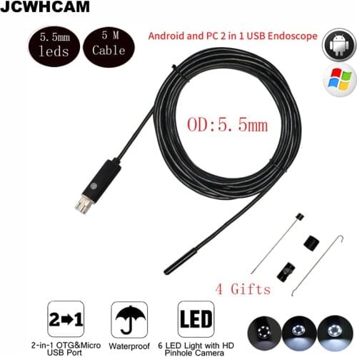 JCWHCAM 5.5mm Len 5M USB Android Endoscope Waterproof 6 LED Borescope Tube Inspection Video Photo Capture Mini Camera Driver CD