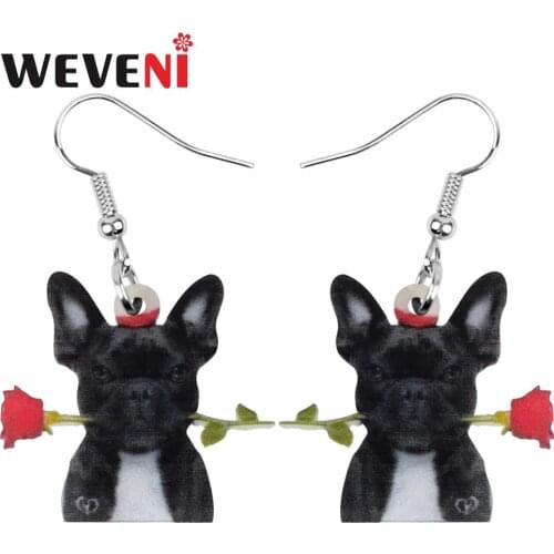WEVENI Acrylic Valentines Day Black Bulldog Dog Rose Earrings Drop Dangle Jewelry For Women Girls Teen Lovers Charms Party Gift