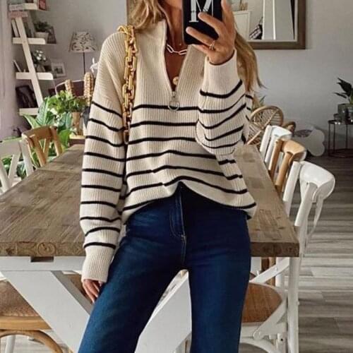Casual Striped Print Knitted Women Long Sleeve Sweaters Autumn Winter Vintage V-Neck Zipper Jumpers Lady Fashion Loose Sweaters
