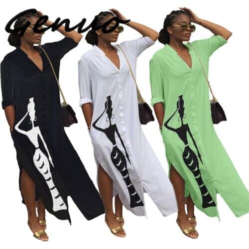 Genuo New 2019 Women Autumn Character Print Side Split Maxi Blouses Shirt Midi Dress Casual Fashion White Long Vestidos Dresses
