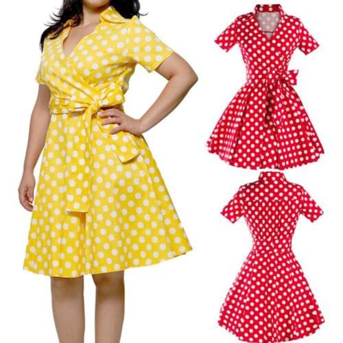 Plus Size Women Dress Summer Vintage 50s 60s Retro Pin Up Swing Rockabilly Vestidos Elegant Black Polka Dot Office Party Dress