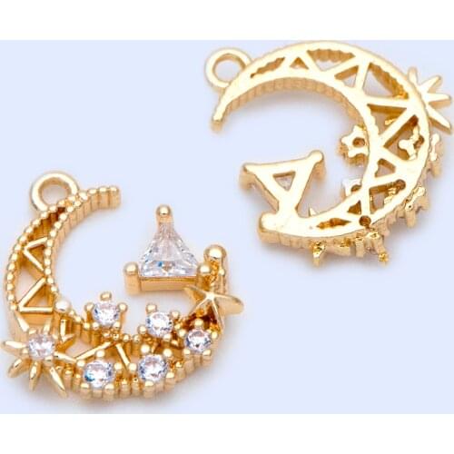 10pcs CZ paved Gold Moon Charms 16x15mm, 18K Gold plated Brass Moon Pendants (GB-1183)