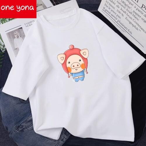 2021 Kawaii Cartoon Anime Piggy Ulzzang Pure Cotton Loose T-shirt Female Harajuku Summer Casual Top T-shirt