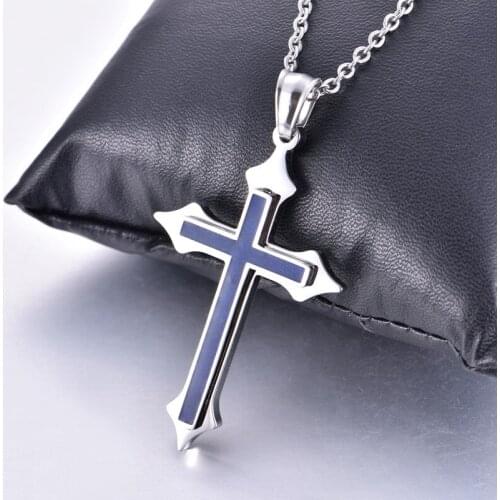 Cross Necklace Stainless Steel Jesus Religious Blue Pendant Chain Choker Men Women Jewelry