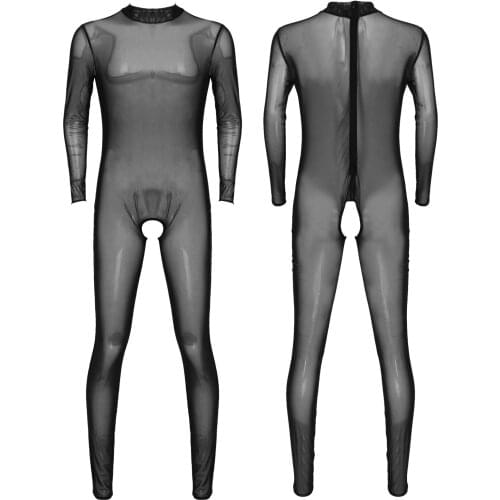 Black Men Jumpsuits See-through Mesh Bodysuit Long Sleeve Transparent Lingerie Erotic Open Crotch Crotchless Leotards Nightwear