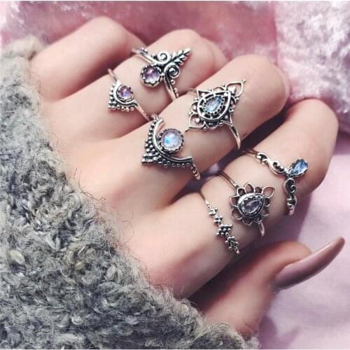 Drop Shipping Vintage Bohemian 7pcs/set Water Drop Opal Ring Set Female Jewelry Knuckle Crown Rings For Women Last Price