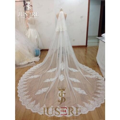 JUSERE Fabulous Lace Appliques Edge Around 3m Two Layers Tulle Cathedral With Comb Long Iovry Wedding Bridal Blush Veil 2018