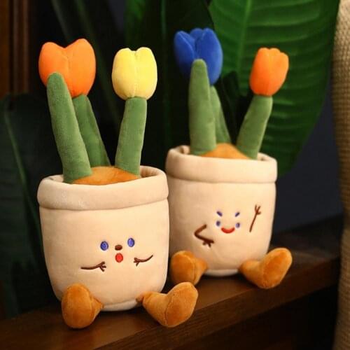 4 Styles Optional Creative High Simulated Stuffed Doll Air Purifying Smile Expression Tulip Flower Pot Plush Toy for Child