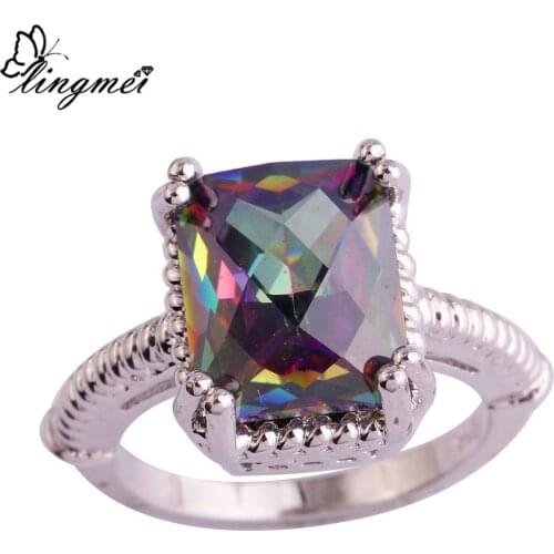 Lingmei Wholesale Unisex JewelryRainbow CZSilver Color Ring Size 6 7 89 10 11 New Design Fashion Popular Rings